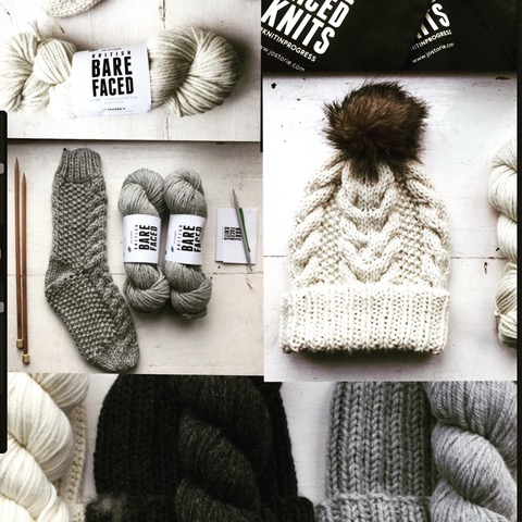 a grid of several photos of hand-knitted socks and hats in shades of cream, black and grey 