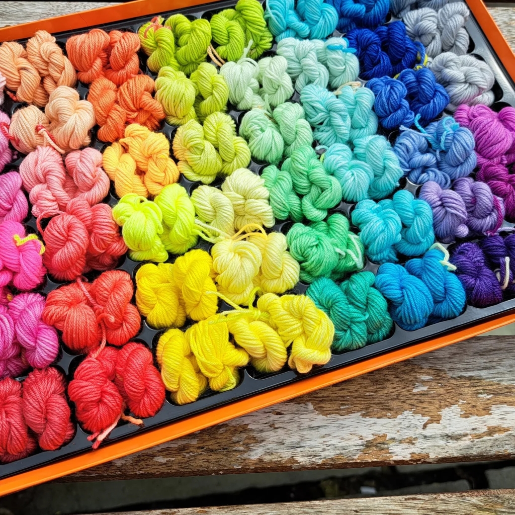 a tray filled with folded mini skeins of yarn in all the colours of the rainbow 
