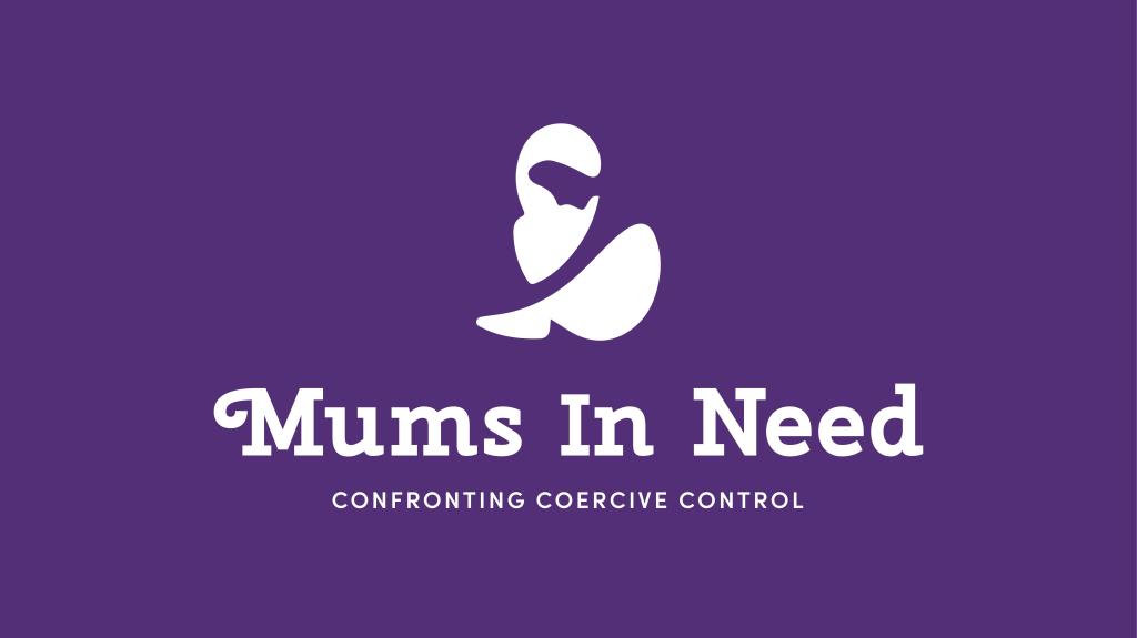the Mums In Need logo, a purple background with a cartoon outline of a woman leaning down 