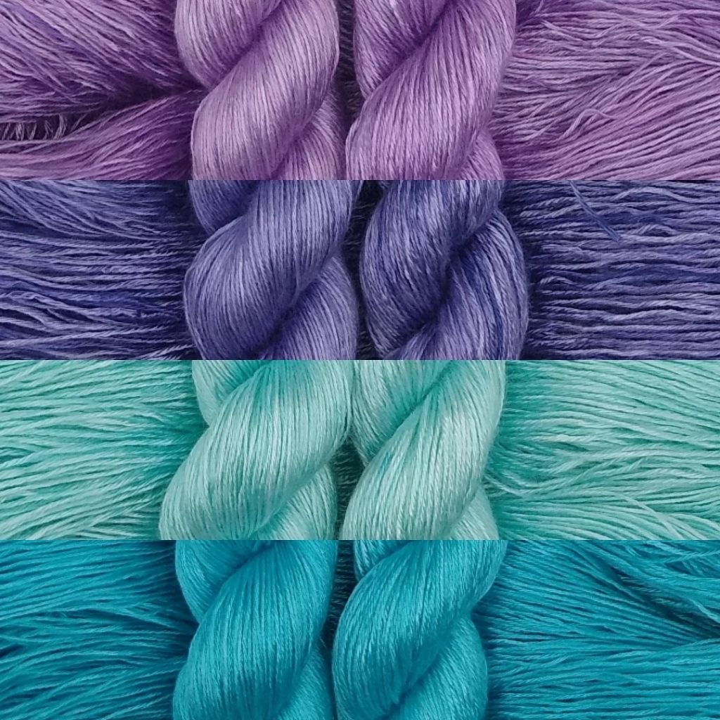 a collage of 4 sets of yarn skeins in shades from purple to blue 