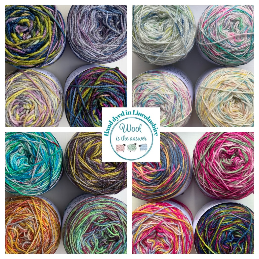 4 photos of hand-dyed yarn in all shades wound into balls 
